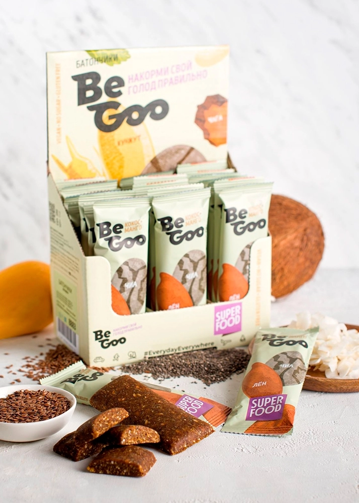 Begoo Батончик орехово-фруктовый BeGoo кокос + манго, 24 шт. | шоу-бокс