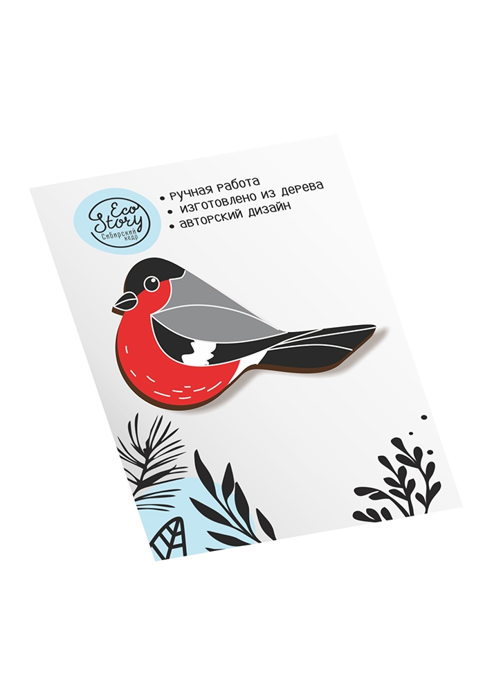 Деревянная брошь «Снегирь»