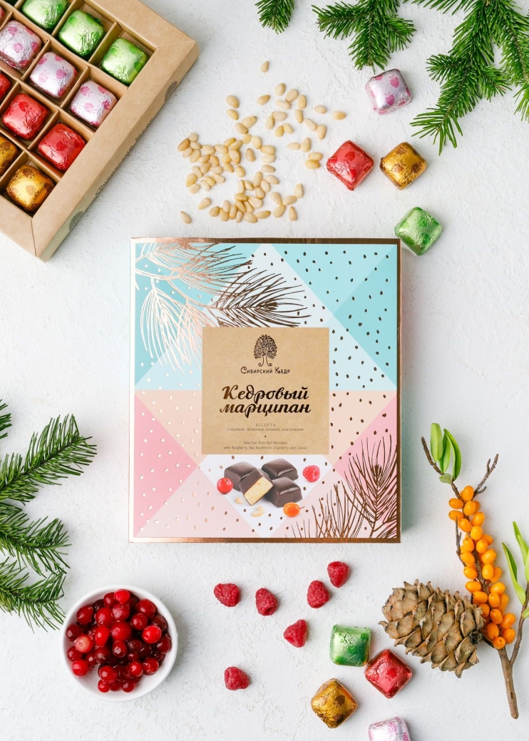 Кедровый марципан ассорти, 170 г — клюква, малина, облепиха