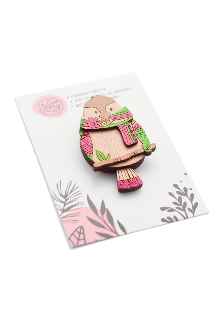 Деревянная брошь «Воробушек»