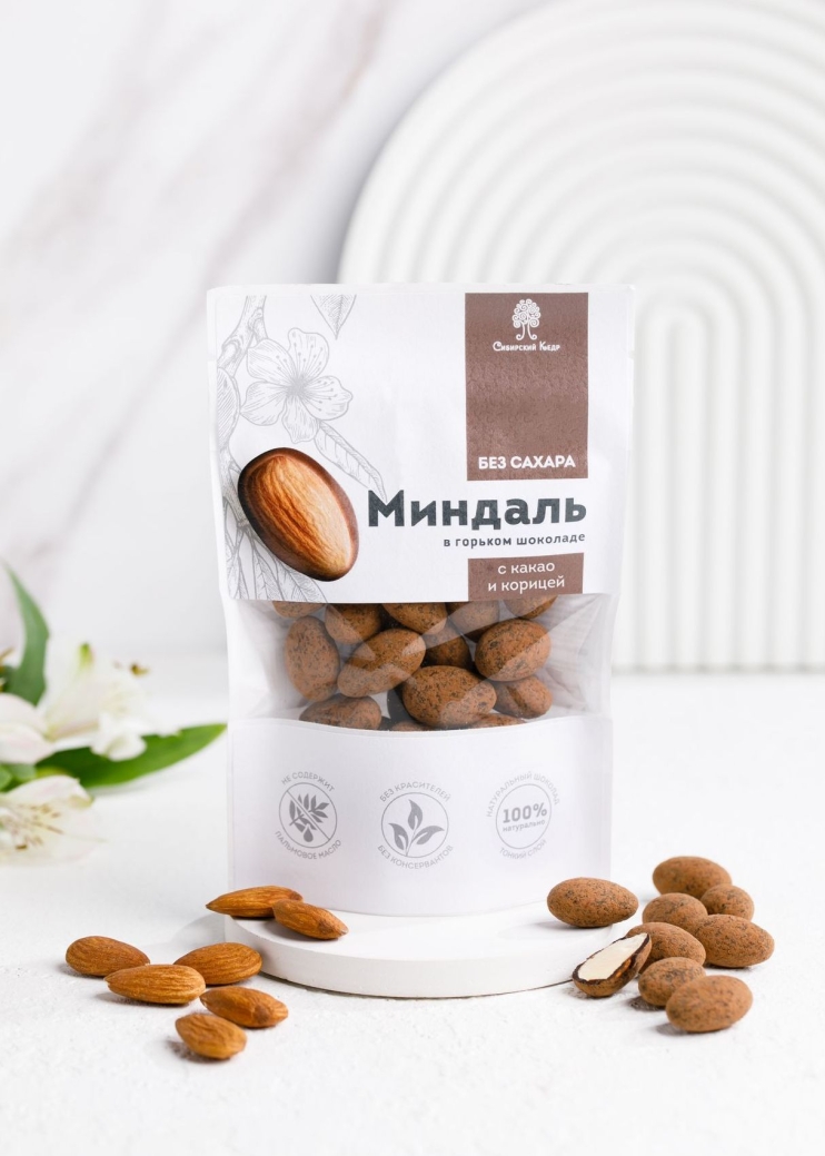 Миндаль в горьком шоколаде без сахара с корицей, 60 г