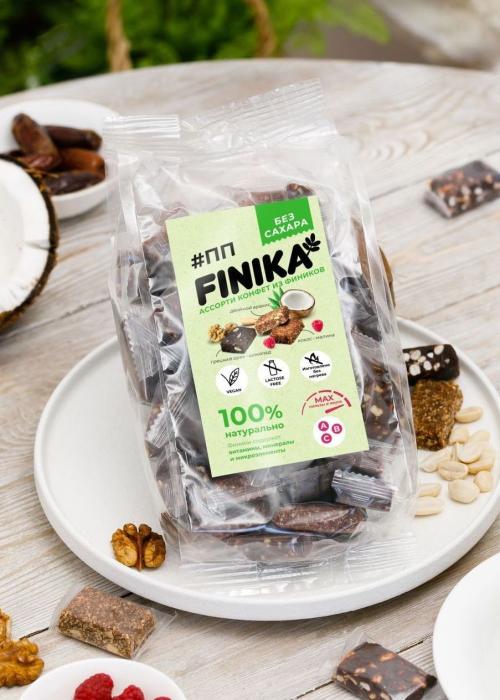 Финиковые конфеты Finika ассорти, 450 г - кокос-малина, двойной арахис, шоколад-грецкий орех