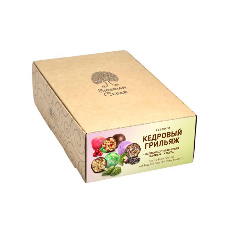 Кедровый грильяж ассорти — клюква, сосновая шишка, черёмуха, 540 г | шоу-бокс