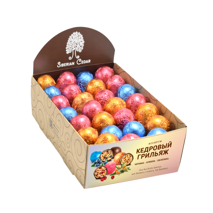 Кедровый грильяж ассорти — клюква, черника, облепиха, 540 г | шоу-бокс