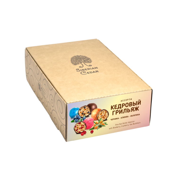 Кедровый грильяж ассорти — клюква, черника, облепиха, 540 г | шоу-бокс