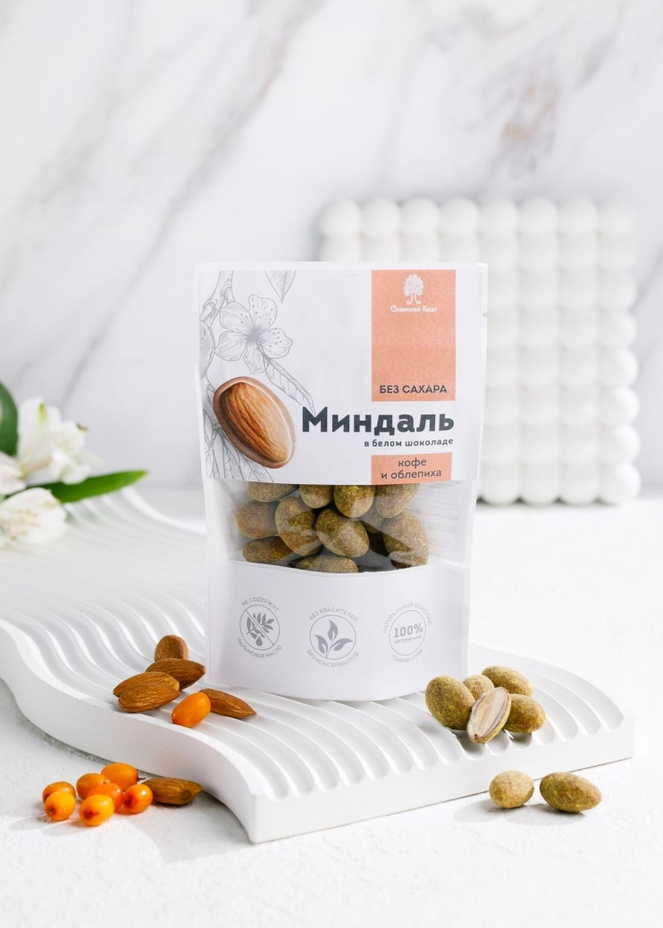Миндаль в белом шоколаде без сахара с кофе и облепихой, 60 г