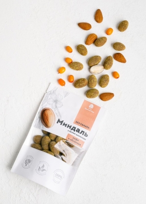 Миндаль в белом шоколаде без сахара с кофе и облепихой, 60 г