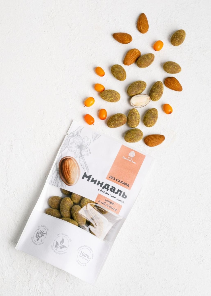 Миндаль в белом шоколаде без сахара с кофе и облепихой, 60 г