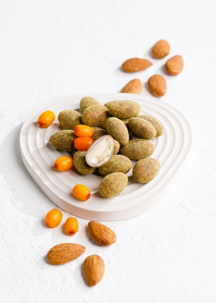 Миндаль в белом шоколаде без сахара с кофе и облепихой, 60 г