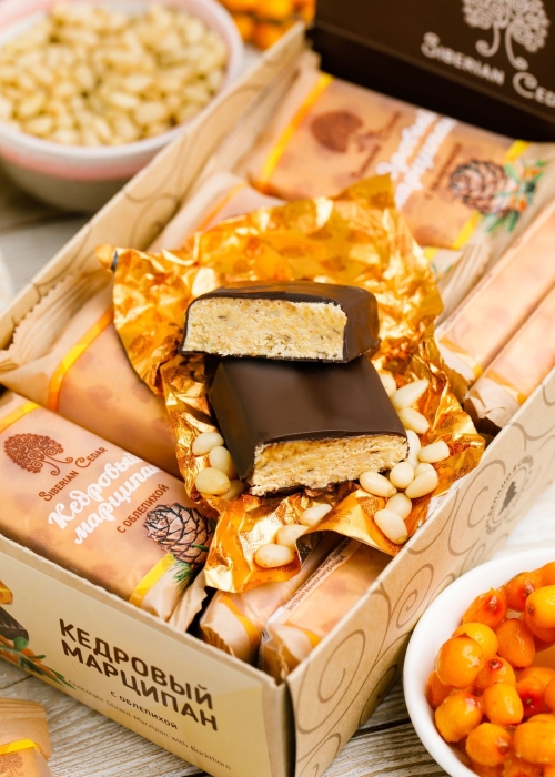 ★ Кедровый марципан с облепихой, 720 г | шоу-бокс — 18 батончиков