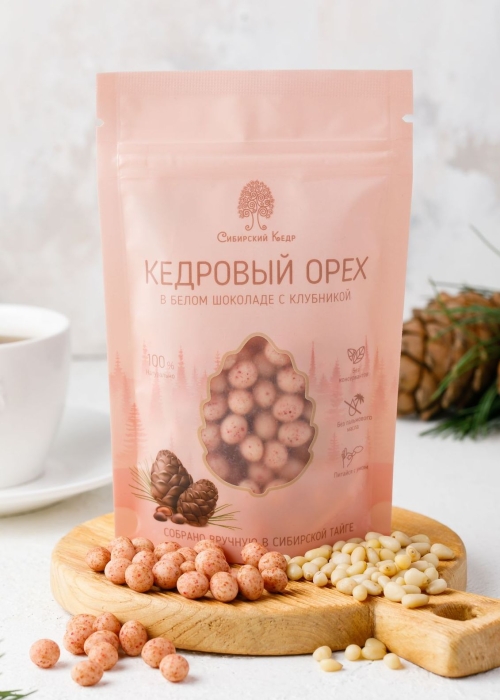 Ядро кедрового ореха в белом шоколаде с клубникой, 60 г