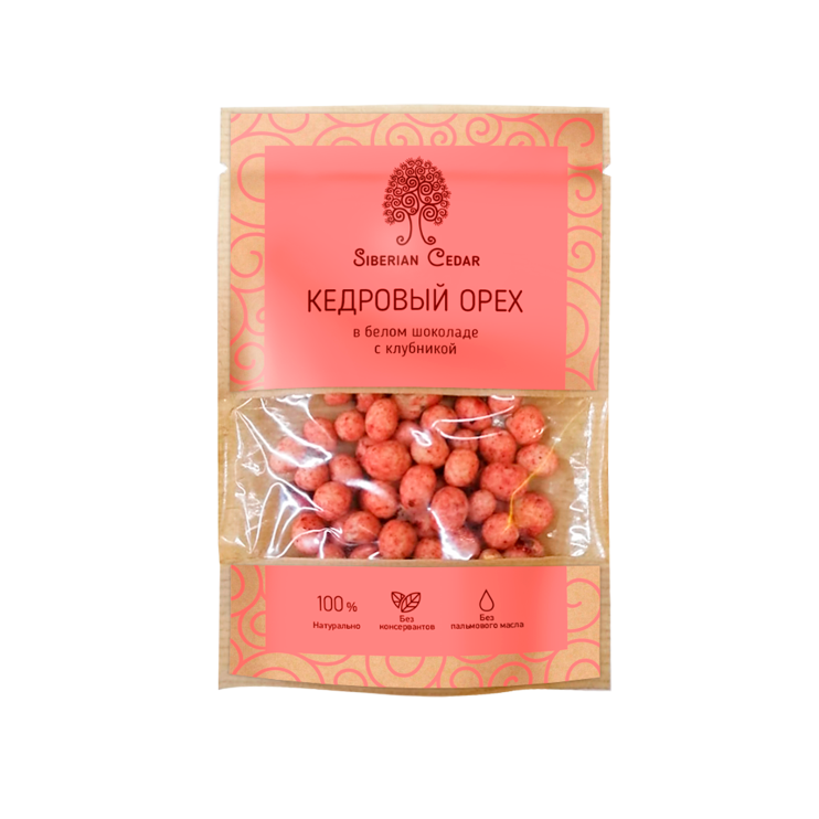 Ядро кедрового ореха в белом шоколаде с клубникой, 60 г