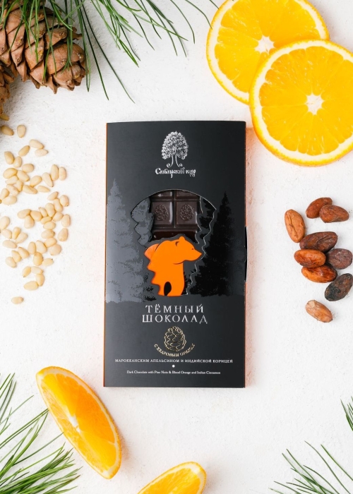 Тёмный шоколад с апельсином, корицей и кедровым орехом, 100 г