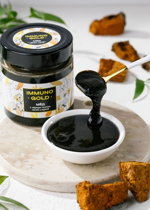 Мёд Immuno Gold с чёрным тмином, чагой и мумиё, 200 г