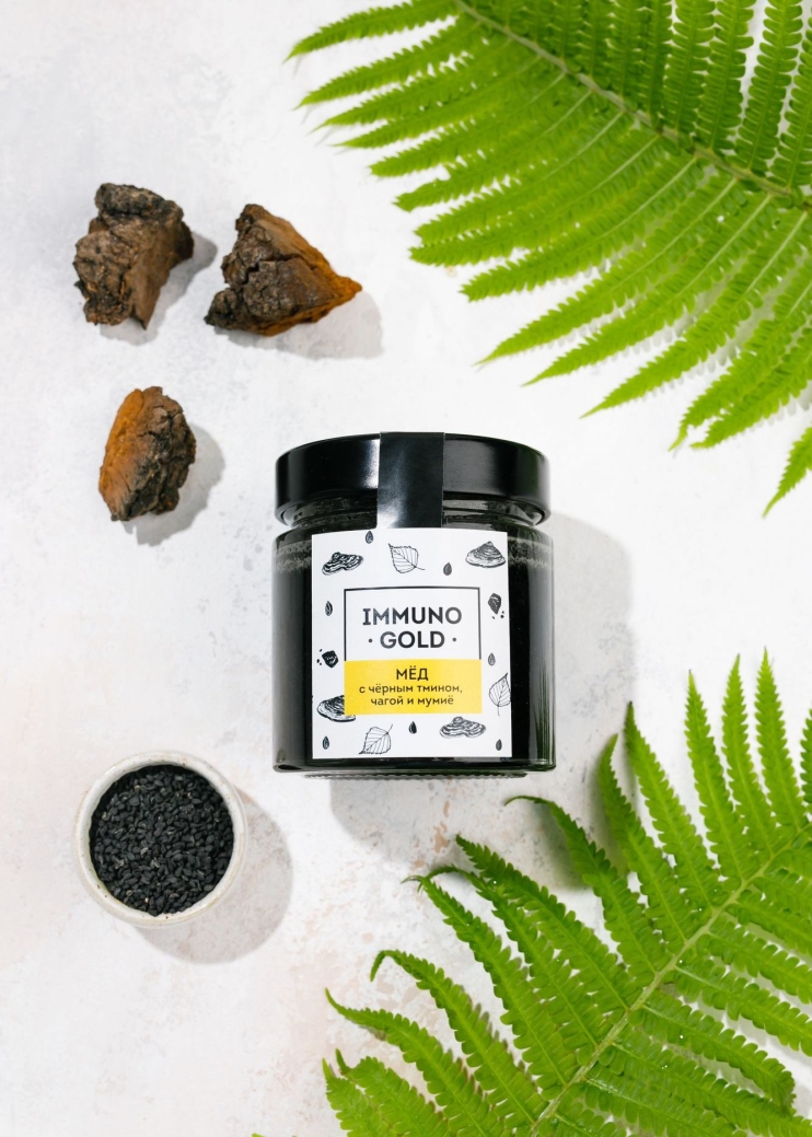 Мёд Immuno Gold с чёрным тмином, чагой и мумиё, 200 г