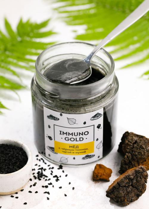 Мёд Immuno Gold с чёрным тмином, чагой и мумиё, 200 г