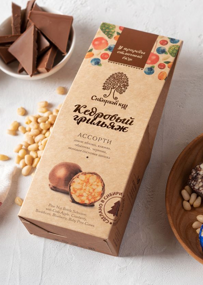 Кедровый грильяж ассорти, 70 г | мини-набор — клюква, облепиха, черника, сосновая шишка, яблоко