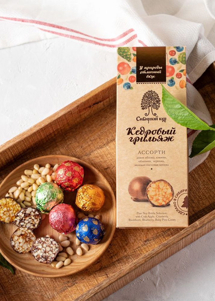 Кедровый грильяж ассорти, 70 г | мини-набор — клюква, облепиха, черника, сосновая шишка, яблоко