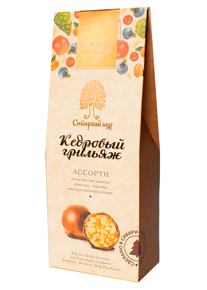 Кедровый грильяж ассорти, 70 г | мини-набор — клюква, облепиха, черника, сосновая шишка, яблоко