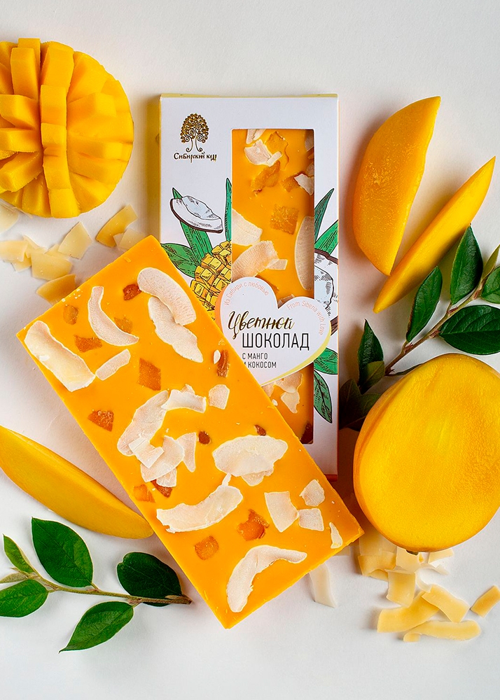 Цветной шоколад с манго и кокосом, 100 г