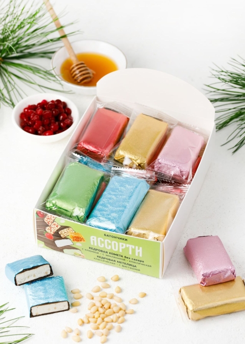 Батончик «Сибирские конфеты» ассорти, 720 г | шоу-бокс — Кедровая Комета, Кедровая Метелица