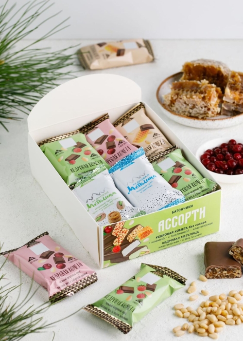 ★ Батончик «Сибирские конфеты» ассорти, 720 г | шоу-бокс — Кедровая Комета, Кедровая Метелица