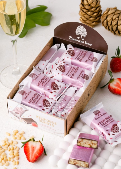 ★ Батончик «Кедровое золото» с клубникой и шампанским, 630 г | шоу-бокс — 18 батончиков