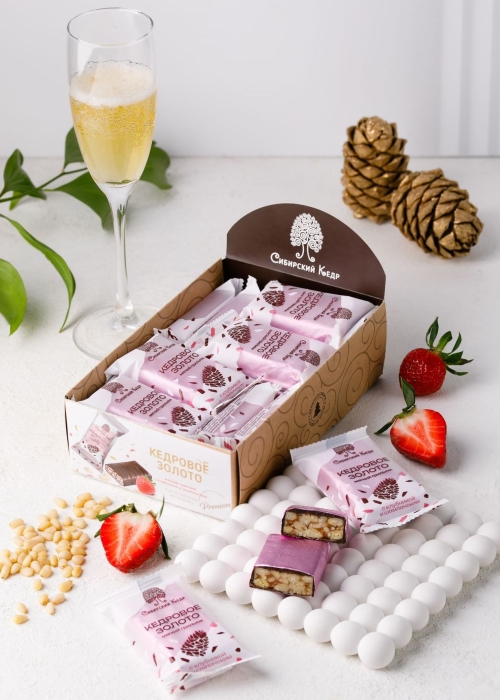 ★ Батончик «Кедровое золото» с клубникой и шампанским, 630 г | шоу-бокс — 18 батончиков