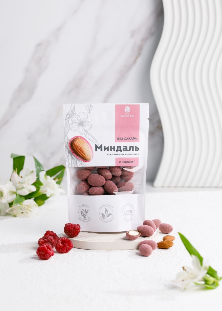 Миндаль в молочном шоколаде без сахара с малиной, 60 г
