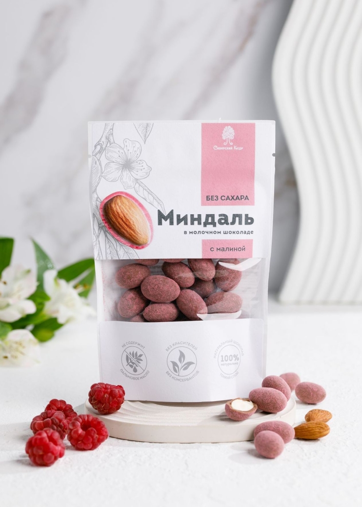 Миндаль в молочном шоколаде без сахара с малиной, 60 г