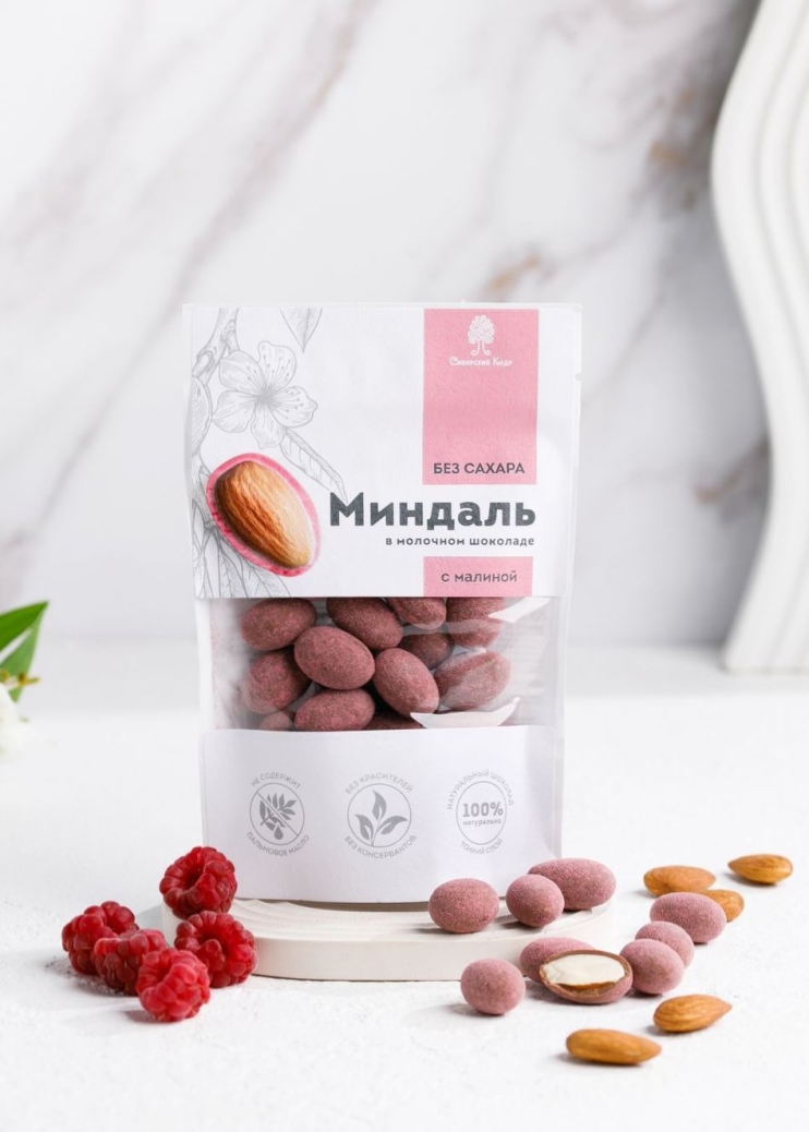 Миндаль в молочном шоколаде без сахара с малиной, 60 г